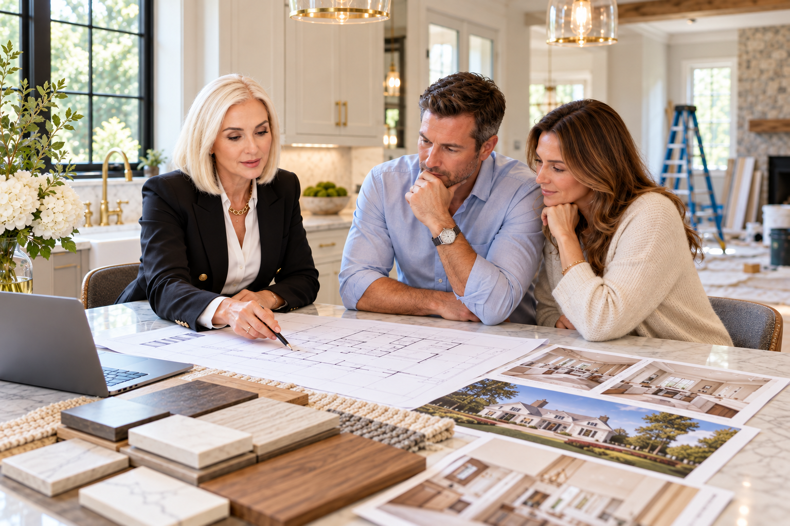 Real estate professional reviewing home renovation plans and material samples with homeowners in a Greenwich, CT kitchen to decide whether to renovate or sell as-is.