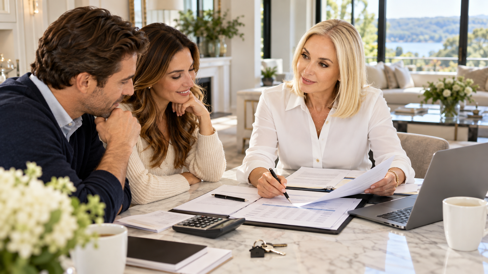 Westchester County real estate agent reviewing closing cost documents with a homebuying couple at a bright luxury home in New York.